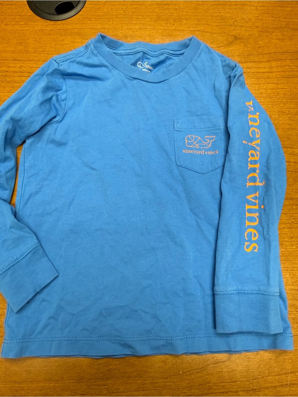 Vineyard Vines Kids Long-Sleeve Pocket Tee in Bright Blue with Orange Logo